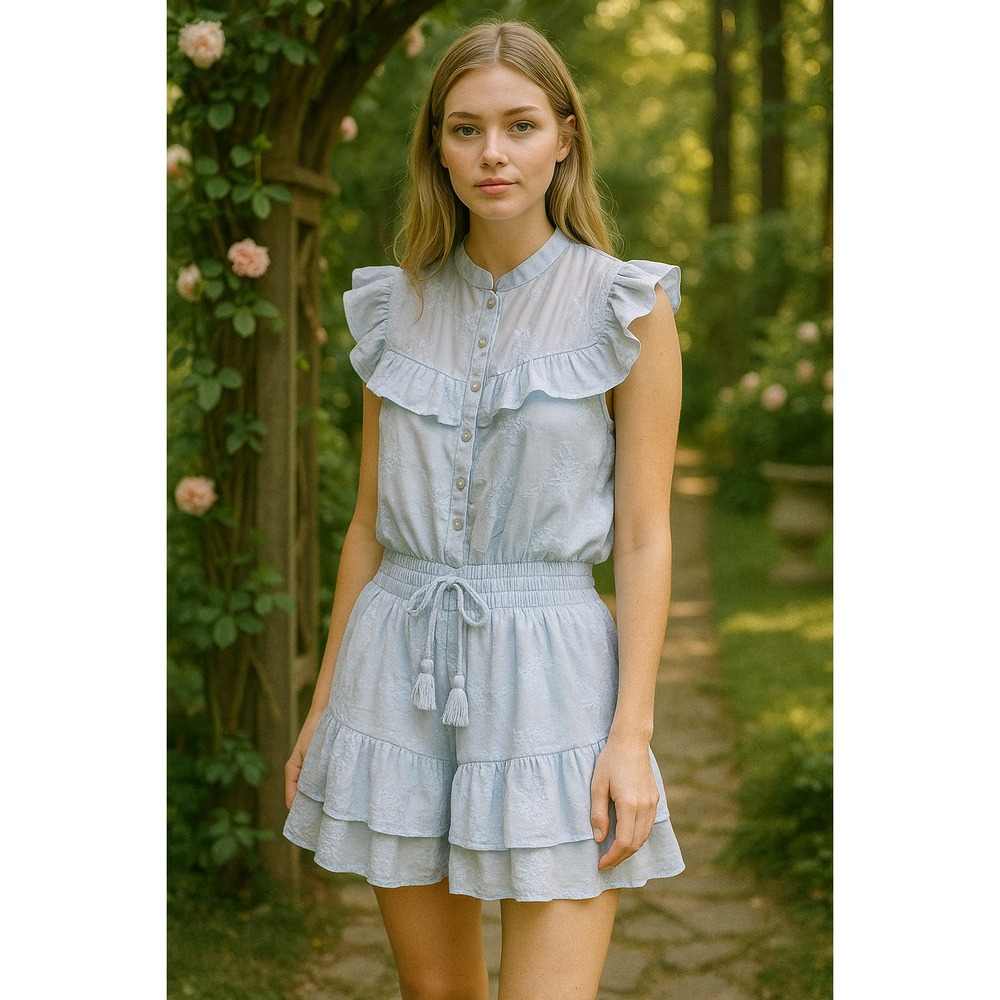 Pants Store Romper Womens Large Baby Blue Feminine Romantic Embroidery Ruffles